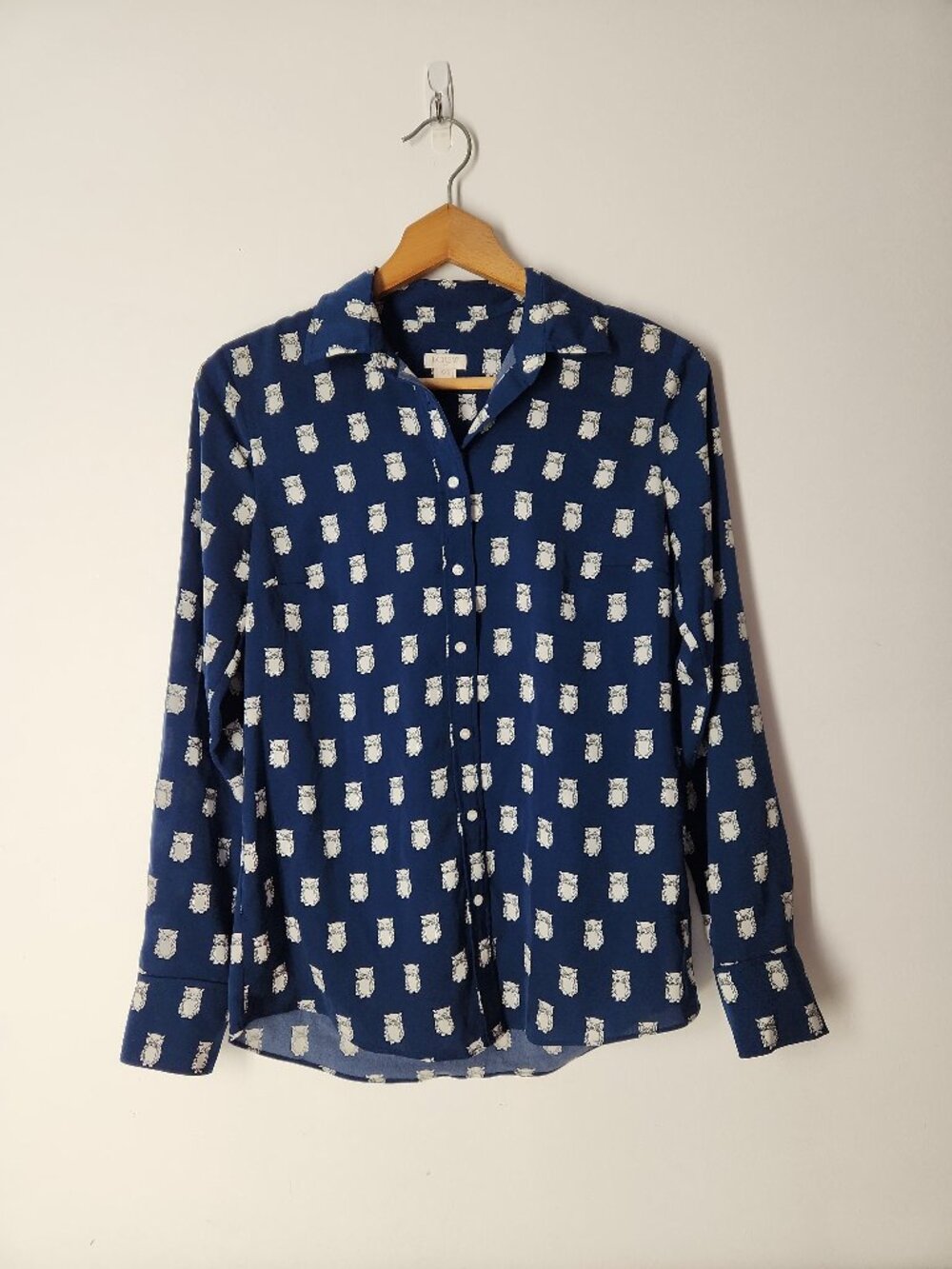 J. CREW Blue Owl Print Shirt critter Button Front Blouse XXS